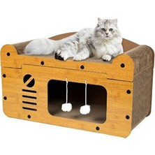 Solvéra Ahşap Tırmalamalı Kedi Evi ve Oyun Alanı, Peluş Toplu Tasarım Kedi ve Köpek Yatağı