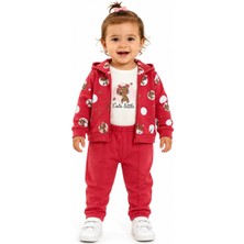 Chicsy Baby Kız Bebek Leopar Baskılı 3\'lü Takım Kapüşonlu Fermuarlı Hırka Body Pantolon Seti