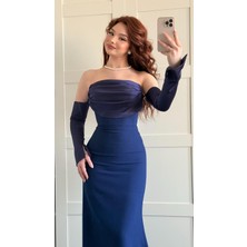 Ayşenur Dinçer Butik Alya Saten Kollu Abiye Lacivert
