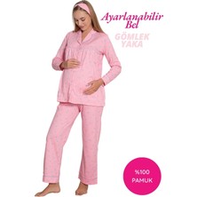 Alimer Pembe Kalpli Hamile Önden Düğmeli Uzun Kol Mevsimlik Bel Ayarlı %100 Pamuk Pijama Takımı-Geniş Kalıp