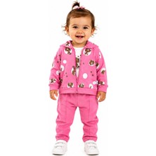 Chicsy Baby Kız Bebek Leopar Baskılı 3\'lü Takım Kapüşonlu Fermuarlı Hırka Body Pantolon Seti