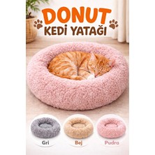 Solvéra Gri Bej Pudra Donut Peluş Kedi Yatağı - Yuvarlak ve Yumuşak Konforlu Tasarı