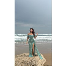 Jasmin Pullu Düşük Omuz Abiye Su Yeşili