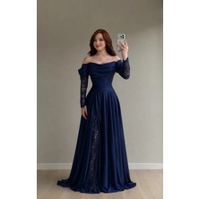 Ayşenur Dinçer Butik Royal Dantel Detaylı Lacivert Abiye
