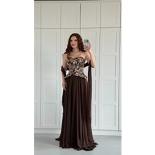 Ayşenur Dinçer Butik Majeste Özel Şifon Abiye Kahverengi