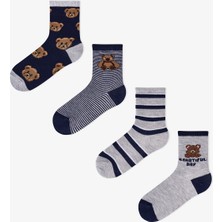 Penti Erkek Çocuk Koyu Mavi Navy Teddy Ayı Desenli Pamuklu 4 Çift Soket Çorap
