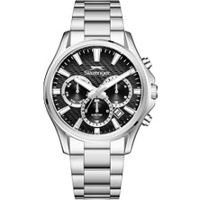 Slazenger Erkek Kol Saati Gümüş Metal Kordon Beyaz Detaylı Siyah Kadran 42MM Mineral Cam 10 Atm Su Geçirmez Paslanmaz Çelik