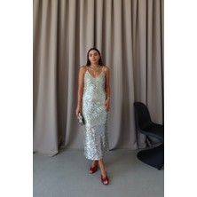 Özge Özgenç V Yaka Payetli Maxi Elbise