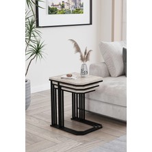 Emideco Zigon Sehpa , Lyon 3'lü C Zigon Sehpa Takımı , Siyah Metal - Traverten Tabla