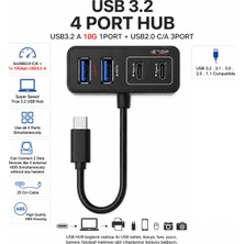 CoverZone USB 3.2 4 Port Hub USB Type-C Girişli, 1x USB 3.2-A 10GBPS + 3 Port USB 2.0 C/a, 25 cm Kablolu, Abs Gövde, Windows 11/10, Macos ve Android Uyumlu USB Çoklayıcı | SY-TU456