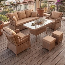 Canisa Frezya Serisi 1. Sınıf 3+1+1+2+2 Yastık Cappucino Rattan Cappucino Minder Yastık Bahçe Balkon Oturma Koltuk Takımı