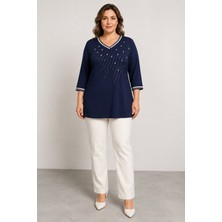 Bihan Store Kadın V Yaka Incili ve Işıltı Çizgili Bluz Y26-702-LACIVERT