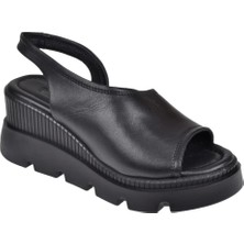 Floor Hakiki Deri Kalın Taban Kadın Sandalet MAK-2008   Siyah