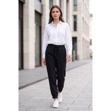 Lupinn Kadın Siyah Beli Lastikli Jogger Pantolon Cepli Bağcıklı Rahat Kesim Spor Casual Yazlık Pantolon