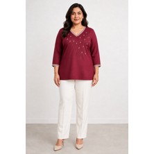 Bihan Store Kadın V Yaka Incili ve Işıltı Çizgili Bluz Y26-702-BORDO