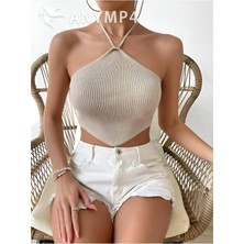 Öz Pamuk Kadın Boydan Bağlamalı Örme Crop Bluz