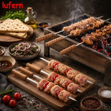 Lufern Isı Yalıtımlı Doğal Ahşap Saplı Tavuk Şişi Dar Yassı Metal Mangal Ateş Kanat Sucuk Ergonomik 50 cm