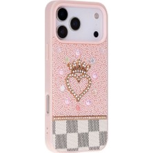 BloominBag Tıara Pink Crystal Heart iPhone 17 Pro Taşlı Telefon Kılıfı