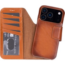 BloominBag Porta Warm Tan Deri iPhone 17 Pro (6.3") Hakiki Deri Çıkarılabilir Cüzdanlı Telefon Kılıfı