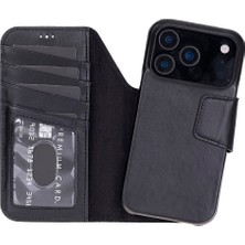 BloominBag Porta Noir Black Deri iPhone 17 Pro Max(6.9") Hakiki Deri Çıkarılabilir Cüzdanlı Telefon Kılıfı