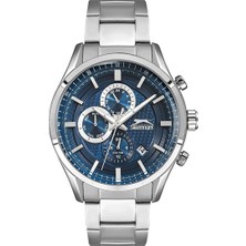 Slazenger Erkek Kol Saati Gümüş Metal Kordon Mavi Gümüş Kadran 45MM Paslanmaz Çelik Mineral Cam 10 Atm Su Geçirmez
