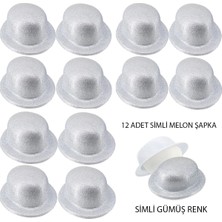 Aesco Gümüş Renk Simli Melon Yuvarlak Parti Şapkası 12 Adet