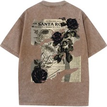 Touz Yıkamalı Streetwear Rose Baskılı Unisex Oversize Vintage T-Shirt