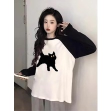 Touz Black Cat Reglan Uzun Kollu Baskılı Beyaz T-Shirt