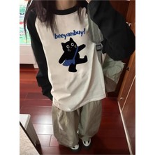 Touz Black Cat Reglan Uzun Kollu Baskılı Beyaz T-Shirt
