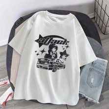 Touz Killer Girl & Car Baskılı Beyaz Unisex Oversize T-Shirt