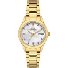 Slazenger Kadın Kol Saati Altın Renk Paslanmaz Çelik Metal Kordon Sedef Beyaz Kadran 32MM Quartz Mekanizma Mineral Cam 5 Atm Su Geçirmez