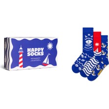 Happy Socks Kadın Mavi Sahil Temalı Pamuklu 3’lü Çorap Seti P002656