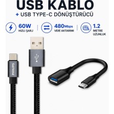 Philips 3A 60W UsbA to Type-C Deri Kaplama Hızlı Şarj Kablosu 1.2m + ScHitec Type-C to UsbA 3.0 OTG Dönüştürücü Adaptör