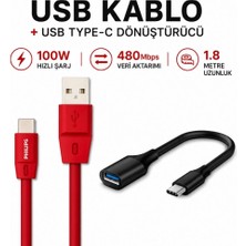 Philips 5A 100W UsbA to Type-C 1.8 M Hızlı Şarj ve Data Kablosu + ScHitec Type-C to UsbA 3.0 OTG Dönüştürücü Adaptör