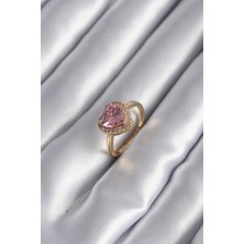 Clariss Pirinç Gold Renk Pembe Zirkon Taş Kalp Charm Model Kadın Yüzük