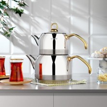 Gndz Home Ada Metal Orta Boy Çelik Çaydanlık Takımı Altın