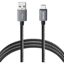 Philips 70W UsbA to Type-C Deri Kaplama Hızlı Şarj ve Data Kablosu 1.2m Siyah Gri 2528B