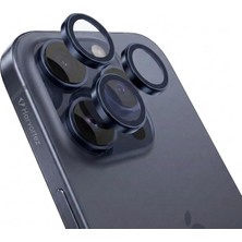 Gndz Home iPhone 15 Pro / 15 Pro Max ile Uyumlu Safir Kamera Lens Koruyucu - Alüminyum Çerçeveli, Hizalama Aparatlı, Su Geçirmez Glue Layer,%95+ Kristal Netlikte 9h Safir Cam - Mavi Titanyum