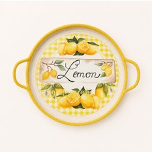 Hediye Ağacı 30X30 cm El Yapımı Kordon Ip Yuvarlak Dekoratif Tepsi – Limon Desenli Kulplu Sunum Tepsisi