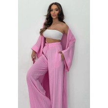 Nana & Mayka Moda Kadın Pembe Kimono Takım Uzun Yırtmaçlı Gofre Dokulu Pantolonlu Bohem Yazlık Kombin