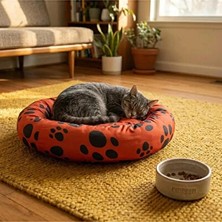 Vaelmont Kırmızı Pati Desenli Simit Yatak, Konfor ve Şıklık Kedi ve Köpek Yatağı