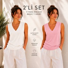 Hayalet Kadın V Yaka Kolsuz T-Shirt Ultra Soft Basic Bluz