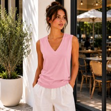 Hayalet Kadın V Yaka Kolsuz T-Shirt Ultra Soft Basic Bluz