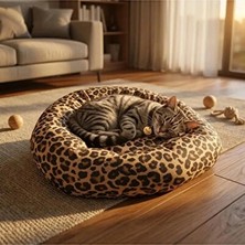 Vaelmont Leopar Desenli Bio Sand Simit Yatak, Konfor ve Stil Bir Arada Kedi ve Köpek Yatağı