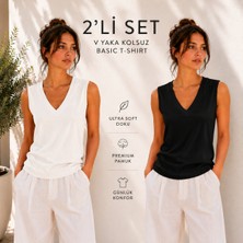 Hayalet Kadın V Yaka Kolsuz T-Shirt Ultra Soft Basic Bluz