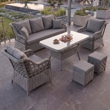 Canisa Frezya Serisi 1. Sınıf 3+1+1+2+2 Yastık Gri Rattan Gri Minder Yastık Bahçe Balkon Oturma Koltuk Takımı