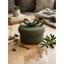 Hediye Ağacı Çok Amaçlı Kutu Simli Haki - Siyah Fiyonk Kurdele Sepet Organizer Hediyelik 20 cm Çap