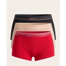Jakoft Classic Pamuklu Kadın Boxer 3'lü Paket Kırmızı - Ten - Siyah
