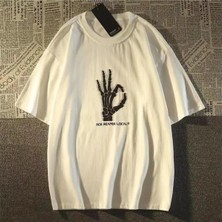 Touz Beyaz Skeleton Hand Baskılı Oversize T-Shirt