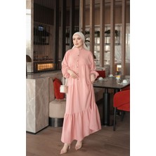 İmaj Butik Pudra Yarım Düğmeli Kol Lastikli Eteği Katlı  Elbise